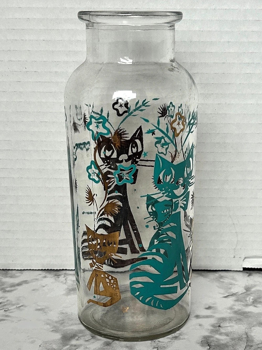 Vintage Apothecary George’s Briard Cat & Floral Glass Vase in Clear & Blue - Picture 2 of 8